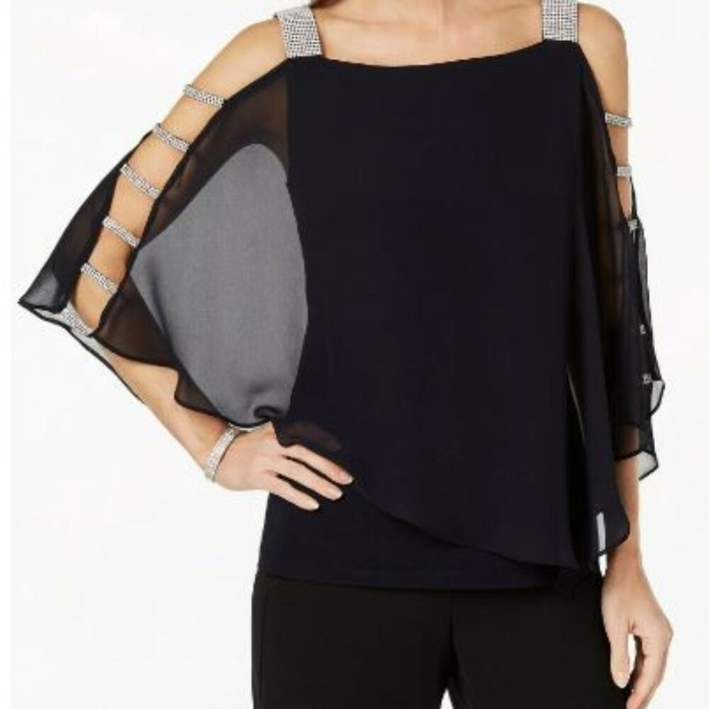 MSK – Mesh & Rhinestone Cold shoulder Formal Blouse – Black – Plus size 3x